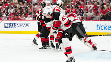 New Jersey Devils defenseman Luke Hughes (43) injured on a play in the 2025 Stanley Cup Playoffs. Mandatory Credit: James Guillory-Imagn Images