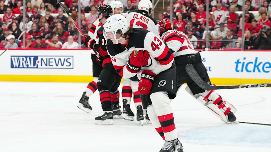 Apr 20, 2025; Raleigh, North Carolina, USA; New Jersey Devils defenseman Luke Hughes (43). Mandatory Credit: James Guillory-Imagn Images
