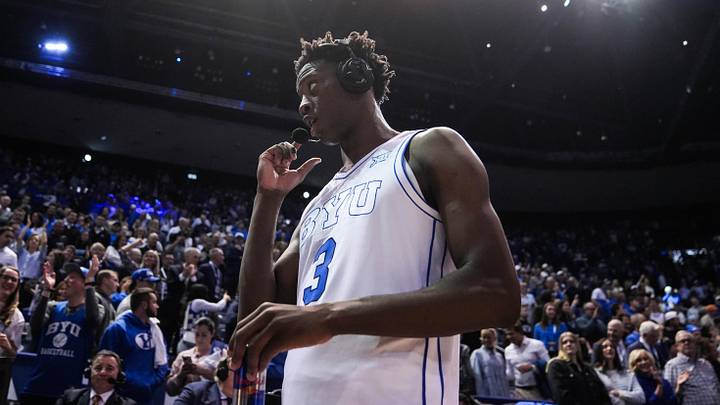 Mar 7, 2026; Provo, Utah, USA; BYU Cougars forward AJ Dybantsa (3) speaks to broadcast crews after a win over the Texas Tech Red Raiders at Marriott Center. Mandatory Credit: Aaron Baker-Imagn Images