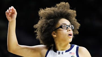 Notre Dame guard Olivia Miles looks on during a game between the Fighting Irish and SMU.