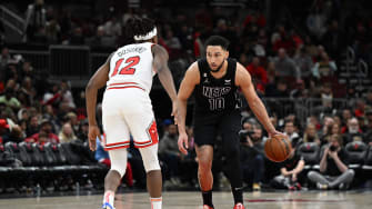 Jan 4, 2023; Chicago, Illinois, USA; Brooklyn Nets guard Ben Simmons (10) handles the basketball in