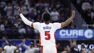 Apr 24, 2025; Detroit, Michigan, USA; Detroit Pistons guard Malik Beasley (5) celebrates during the first half against the New York Knicks during game three of first round for the 2024 NBA Playoffs at Little Caesars Arena. Mandatory Credit: Rick Osentoski-Imagn Images