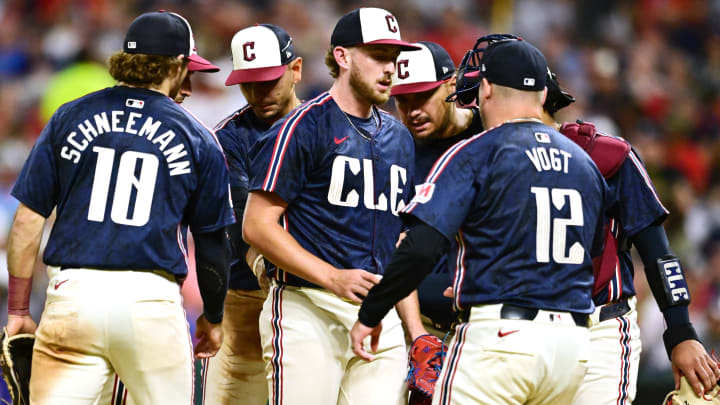 Aug 23, 2024; Cleveland, Ohio, USA; Cleveland Guardians manager Stephen Vogt (12) relieves starting pitcher Tanner Bibee (28) during the sixth inning against the Texas Rangers at Progressive Field. Mandatory Credit: Ken Blaze-USA TODAY Sports