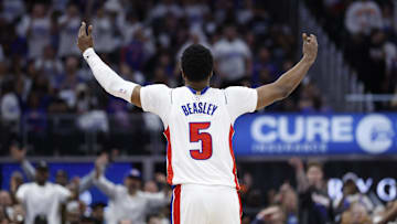 Apr 24, 2025; Detroit, Michigan, USA; Detroit Pistons guard Malik Beasley (5) celebrates during the first half against the New York Knicks during game three of first round for the 2024 NBA Playoffs at Little Caesars Arena. Mandatory Credit: Rick Osentoski-Imagn Images