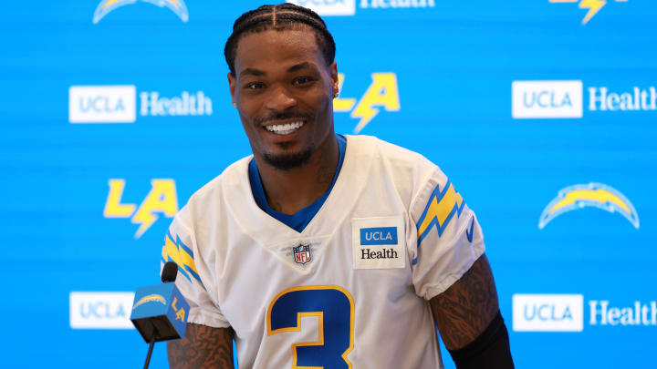 Jul 24, 2024; El Segundo, CA, USA;  Los Angeles Chargers safety Derwin James Jr. (3) speaks to the media after the first day of training camp at The Bolt. Mandatory Credit: Kiyoshi Mio-USA TODAY Sports