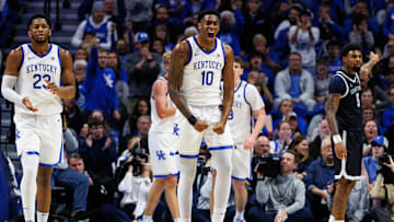 Oct 30, 2025; Lexington, KY, USA; Kentucky Wildcats forward Brandon Garrison (10) celebrates during the second half against the Georgetown Hoyas at Rupp Arena at Central Bank Center. Mandatory Credit: Jordan Prather-Imagn Images