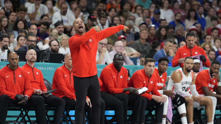 Aug 2, 2024; Villeneuve-d'Ascq, France; Canada head coach Jordi Fernandez reacts in the first half against Spain in a men’s group A basketball game during the Paris 2024 Olympic Summer Games at Stade Pierre-Mauroy. Mandatory Credit: John David Mercer-USA TODAY Sports