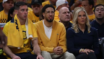May 25, 2024; Indianapolis, Indiana, USA; Indiana Pacers guard Tyrese Haliburton (middle) looks on from the bench during the first quarter of game three of the eastern conference finals against the Boston Celtics  in the 2024 NBA playoffs at Gainbridge Fieldhouse. Mandatory Credit: Trevor Ruszkowski-Imagn Images