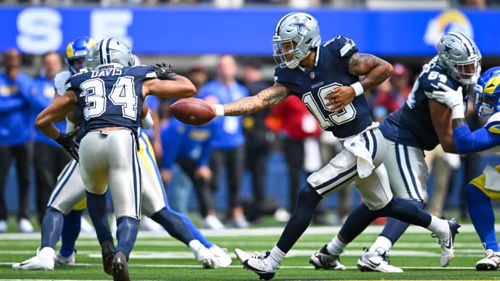 Dallas Cowboys quarterback Trey Lance (19) running back Malik Davis (34)