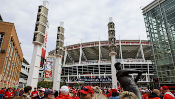 Mar 27, 2025; Cincinnati, Ohio, USA; Fans arrive for an Opening Day game between the San Francisco Giants and the Cincinnati Reds at Great American Ball Park. Mandatory Credit: Katie Stratman-Imagn Images