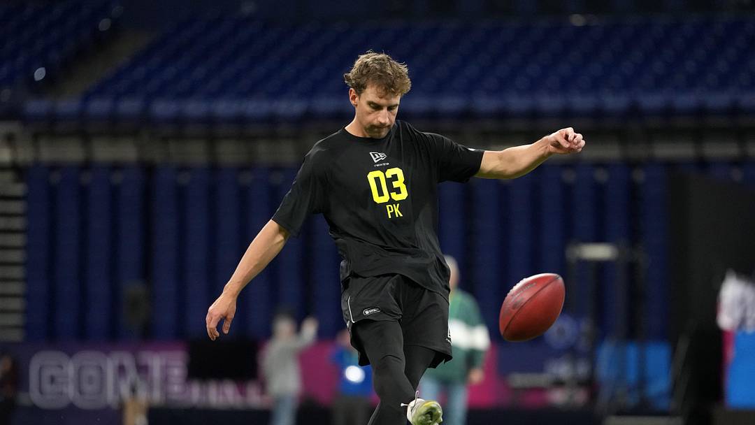 Trey Smack, who was drafted by the Packers in the sixth round, kicks the ball at the Scouting Combine. 