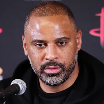 Apr 9, 2025; Inglewood, California, USA; Houston Rockets coach Ime Udoka at a press conference before a game against the LA Clippers at the Intuit Dome. Mandatory Credit: Kirby Lee-Imagn Images