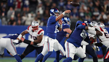 Aug 21, 2025; East Rutherford, New Jersey, USA; New York Giants quarterback Tommy DeVito (15) throws a pass during the second half against the New England Patriots at MetLife Stadium. Mandatory Credit: Vincent Carchietta-Imagn Images