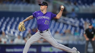 Jun 4, 2025; Miami, Florida, USA; Colorado Rockies starting pitcher Kyle Freeland (21) delivers a pitch against the Miami Marlins during the first inning at loanDepot Park. Mandatory Credit: Sam Navarro-Imagn Images