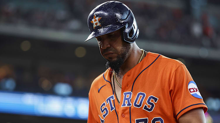 Apr 30, 2023; Houston, Texas, USA; Houston Astros first baseman Jose Abreu (79) reacts after a play