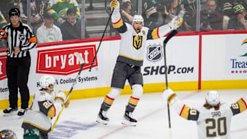 Apr 24, 2025; Saint Paul, Minnesota, USA; Vegas Golden Knights defenseman Alex Pietrangelo (7) celebrates with teammates left wing Brandon Saad (20) and center Brett Howden (21) after scoring against the Minnesota Wild in the first period in game three of the first round of the 2025 Stanley Cup Playoffs at Xcel Energy Center. Mandatory Credit: Matt Blewett-Imagn Images
