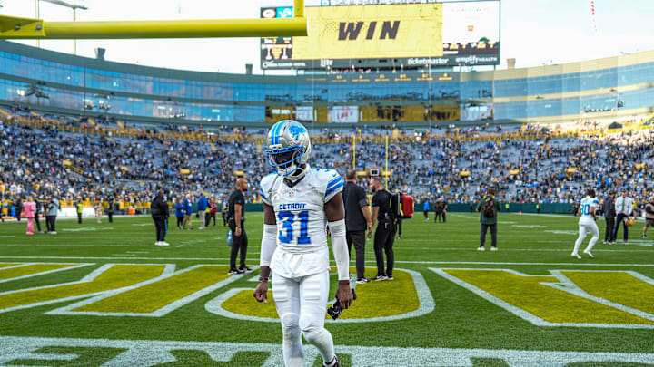 Detroit Lions safety Kerby Joseph walks off the field after the 27-13 loss to the Green Bay Packers at Lambeau Field.