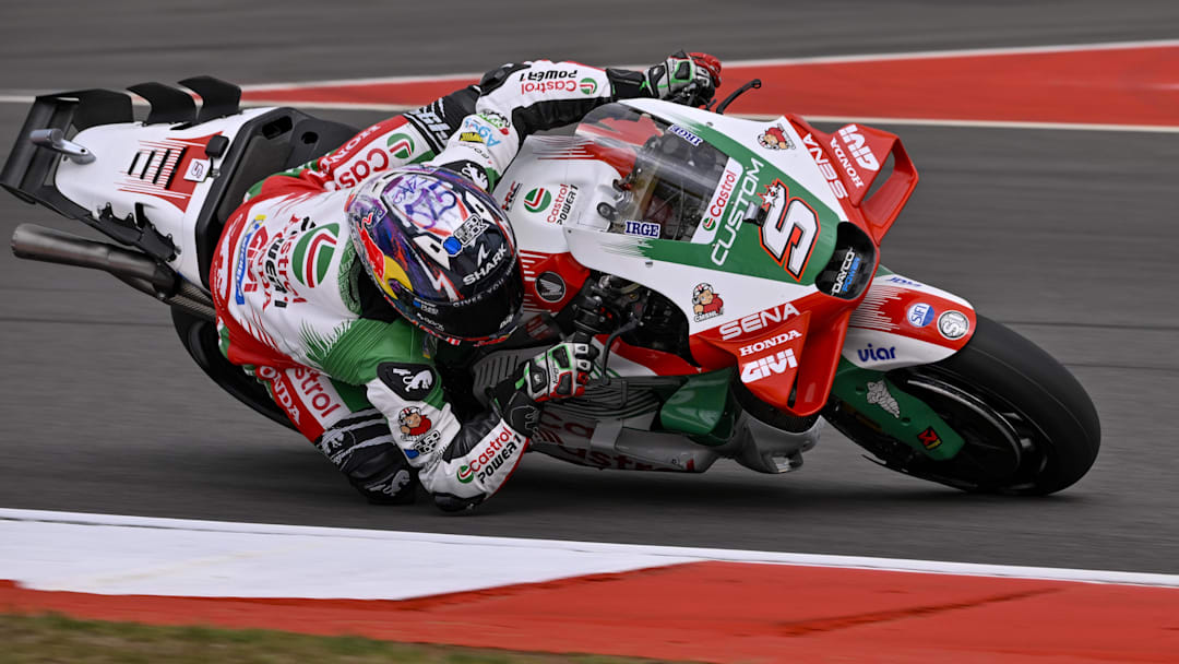 Mar 29, 2025; Austin, TX, USA; Johann Zarco (5) of France and LCR Honda rides during qualifying for the 2025 MotoGP Grand Prix of the Americas at Circuit of The Americas. Mandatory Credit: Jerome Miron-Imagn Images Mar 29, 2025; Austin, TX, USA; Johann Zarco (5) of France and LCR Honda rides during qualifying for the 2025 MotoGP Grand Prix of the Americas at Circuit of The Americas. Mandatory Credit: Jerome Miron-Imagn Images