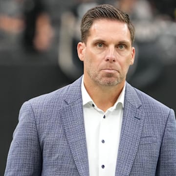Sep 22, 2024; Paradise, Nevada, USA; Carolina Panthers general manager Dan Morgan during the game against the Las Vegas Raiders at Allegiant Stadium. Mandatory Credit: Kirby Lee-Imagn Images