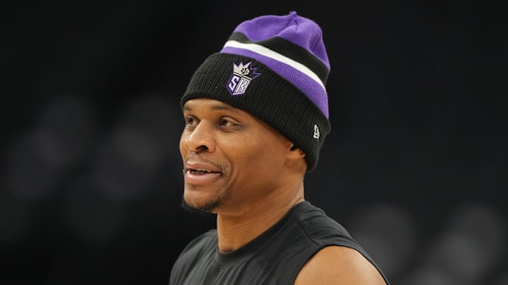 Apr 3, 2026; Sacramento, California, USA; Sacramento Kings guard Russell Westbrook (18) before the game against the New Orleans Pelicans at Golden 1 Center. Mandatory Credit: Darren Yamashita-Imagn Images
