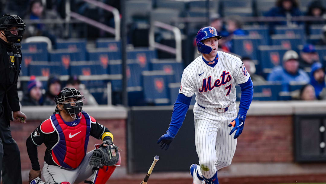 Apr 8, 2026; New York City, New York, USA; New York Mets third baseman Brett Baty (7) hits a double against the Arizona Diamondbacks during the eighth inning at Citi Field. Mandatory Credit: John Jones-Imagn Images