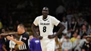 Mar 8, 2025; Boulder, Colorado, USA; Colorado Buffaloes forward Bangot Dak (8) during the second half against the TCU Horned Frogs at the CU Events Center. Mandatory Credit: Ron Chenoy-Imagn Images