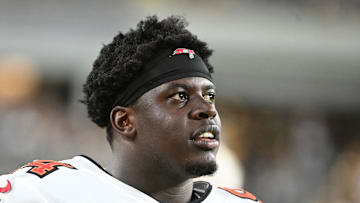 Aug 16, 2025; Pittsburgh, Pennsylvania, USA; Tampa Bay Buccaneers defensive tackle Calijah Kancey (94) watches the action against the  Pittsburgh Steelers during the second half at Acrisure Stadium. Mandatory Credit: Barry Reeger-Imagn Images