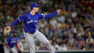 Jul 12, 2025; West Sacramento, California, USA; Toronto Blue Jays pitcher Justin Bruihl (58) follows through after a pitch against the Athletics during the seventh inning at Sutter Health Park. 