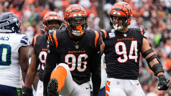 Cincinnati Bengals Cam Sample (96) celebrates after a successful play during their game against the Seattle Seahawks at Paycor Stadium on Sunday October 15, 2023. Bengals were up 14-10 at halftime.