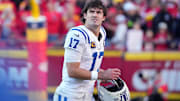 Nov 23, 2025; Kansas City, Missouri, USA; Indianapolis Colts quarterback Daniel Jones (17) looks on in the second half against the Kansas City Chiefs at GEHA Field at Arrowhead Stadium. Mandatory Credit: Denny Medley-Imagn Images