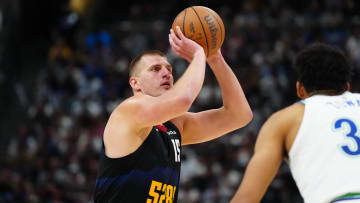 May 19, 2024; Denver, Colorado, USA; Denver Nuggets center Nikola Jokic (15) shoots the ball in the third quarter against the Minnesota Timberwolves in game seven of the second round for the 2024 NBA playoffs at Ball Arena. Mandatory Credit: Ron Chenoy-USA TODAY Sports
