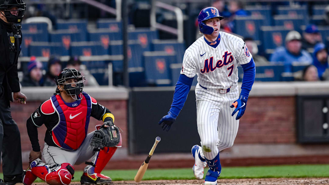 Apr 8, 2026; New York City, New York, USA; New York Mets third baseman Brett Baty (7) hits a double against the Arizona Diamondbacks during the eighth inning at Citi Field. Mandatory Credit: John Jones-Imagn Images