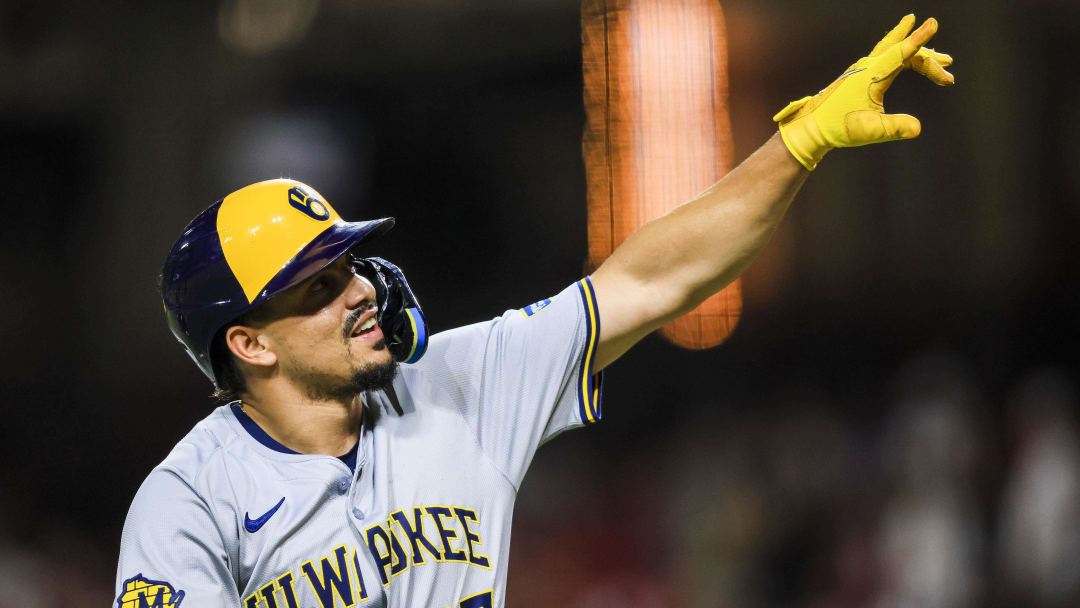 Aug 30, 2024; Cincinnati, Ohio, USA; Milwaukee Brewers shortstop Willy Adames (27) reacts after hitting a three-run home run in the ninth inning against the Cincinnati Reds at Great American Ball Park. Mandatory Credit: Katie Stratman-USA TODAY Sports