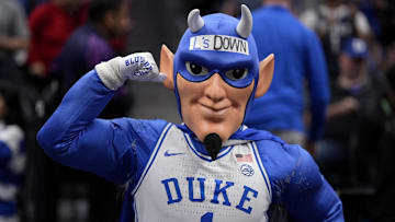 Mar 15, 2025; Charlotte, NC, USA; Duke Blue Devils mascot in the first half of the 2025 ACC Conference Championship game against the Louisville Cardinals at Spectrum Center. Mandatory Credit: Jim Dedmon-Imagn Images