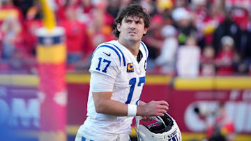 Nov 23, 2025; Kansas City, Missouri, USA; Indianapolis Colts quarterback Daniel Jones (17) looks on in the second half against the Kansas City Chiefs at GEHA Field at Arrowhead Stadium. 