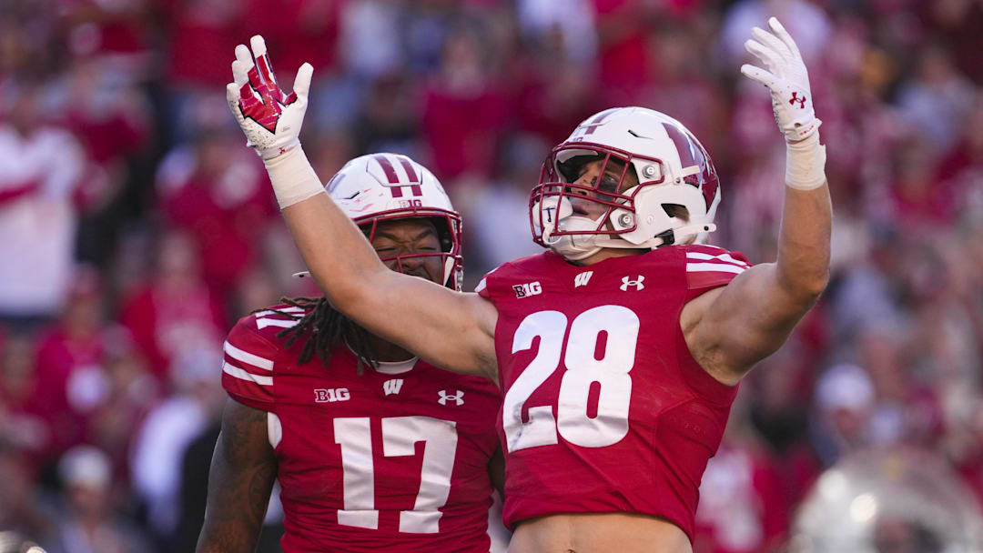 Sep 7, 2024; Madison, Wisconsin, USA;  Wisconsin Badgers linebacker Christian Alliegro (28) celebrates with linebacker Darryl Peterson (17)  during the fourth quarter against the South Dakota Coyotes at Camp Randall Stadium. Mandatory Credit: Jeff Hanisch-Imagn Images