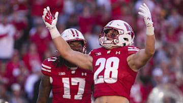 Sep 7, 2024; Madison, Wisconsin, USA;  Wisconsin Badgers linebacker Christian Alliegro (28) celebrates with linebacker Darryl Peterson (17)  during the fourth quarter against the South Dakota Coyotes at Camp Randall Stadium. Mandatory Credit: Jeff Hanisch-Imagn Images