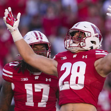 Sep 7, 2024; Madison, Wisconsin, USA;  Wisconsin Badgers linebacker Christian Alliegro (28) celebrates with linebacker Darryl Peterson (17)  during the fourth quarter against the South Dakota Coyotes at Camp Randall Stadium. Mandatory Credit: Jeff Hanisch-Imagn Images