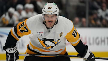Jan 27, 2025; San Jose, California, USA;  Pittsburgh Penguins center Sidney Crosby (87) waits for a faceoff against the San Jose Sharks in the third period at SAP Center at San Jose.