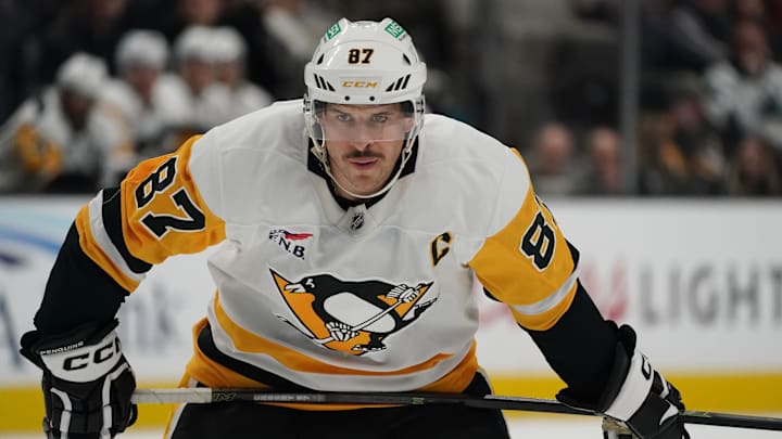 Jan 27, 2025; San Jose, California, USA;  Pittsburgh Penguins center Sidney Crosby (87) waits for a faceoff against the San Jose Sharks in the third period at SAP Center at San Jose.
