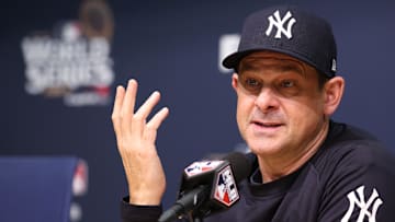 Oct 25, 2024; Los Angeles, California, USA; New York Yankees manager Aaron Boone (17) talks with the media before the game against the Los Angeles Dodgers during game one of the 2024 MLB World Series at Dodger Stadium. Mandatory Credit:  Kiyoshi Mio-Imagn Images