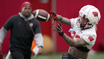 Wisconsin wide receiver Kyan Berry-Johnson (22) is shown during spring football practice Wednesday, April 23, 2025 in Madison, Wisconsin.

Mark Hoffman/Milwaukee Journal Sentinel