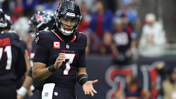  Houston Texans quarterback C.J. Stroud (7) reacts after a play during the second quarter against the Los Angeles Chargers in an AFC Wild Card game at NRG Stadium.