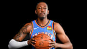 Oklahoma forward Jalen Williams (8) poses for a photo shoot during Thunder media day at Paycom Center in Oklahoma City on Monday, Sept. 29, 2025.