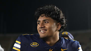 Nov 29, 2025; Berkeley, California, USA; California Golden Bears quarterback Jaron-Keawe Sagapolutele (3) after defeating the Southern Methodist Mustangs at California Memorial Stadium. Mandatory Credit: Darren Yamashita-Imagn Images