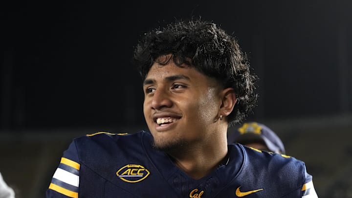 Nov 29, 2025; Berkeley, California, USA; California Golden Bears quarterback Jaron-Keawe Sagapolutele (3) after defeating the Southern Methodist Mustangs at California Memorial Stadium. Mandatory Credit: Darren Yamashita-Imagn Images