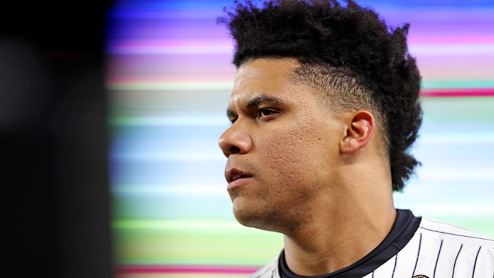 New York Yankees outfielder Juan Soto (22) before playing against the Los Angeles Dodgers in game three of the 2024 MLB World Series at Yankee Stadium. New York Yankees outfielder Juan Soto (22) before playing against the Los Angeles Dodgers in game three of the 2024 MLB World Series at Yankee Stadium.
