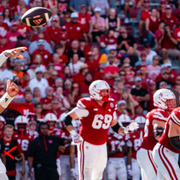 Aug 31, 2024; Lincoln, Nebraska, USA; Nebraska Cornhuskers quarterback Dylan Raiola (15) throws a pass against the UTEP Miners during the third quarter at Memorial Stadium. 