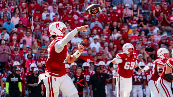 Aug 31, 2024; Lincoln, Nebraska, USA; Nebraska Cornhuskers quarterback Dylan Raiola (15) throws a pass against the UTEP Miners during the third quarter at Memorial Stadium. 