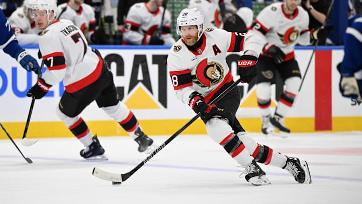 Apr 22, 2025; Toronto, Ontario, CAN; Ottawa Senators forward Claude Giroux (28) skates with the puck against the Toronto Maple Leafs in the second period in game two of the first round of the 2025 Stanley Cup Playoffs at Scotiabank Arena. Mandatory Credit: Dan Hamilton-Imagn Images Apr 22, 2025; Toronto, Ontario, CAN; Ottawa Senators forward Claude Giroux (28) skates with the puck against the Toronto Maple Leafs in the second period in game two of the first round of the 2025 Stanley Cup Playoffs at Scotiabank Arena. Mandatory Credit: Dan Hamilton-Imagn Images